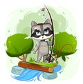 Funny cute baby Raccoon is fishing on the bank of the stream. River. No fish is caught. Naive animal child. Cartoon Royalty Free Stock Photo