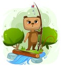 Funny cute baby Teddy Bear is fishing on the bank of the stream. River. No fish is caught. Naive animal child. Cartoon Royalty Free Stock Photo