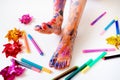 Funny cute bare feet. Child painting coloring feet Royalty Free Stock Photo