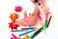 Funny cute bare feet. Child painting coloring feet Royalty Free Stock Photo