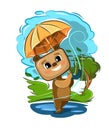 A funny cute Bear with an umbrella walks through the puddles. Wind clouds bad weather. But good mood. Kid is an animal