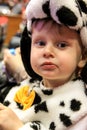 Funny cute boy wearing dalmatian dog costume sitting on the bench. Carnival party of little children. Royalty Free Stock Photo