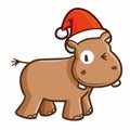 Funny and cute brown hippo smiling and wearing Santa`s hat for christmas Royalty Free Stock Photo