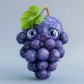 Funny cute bunch of purple grapes with hands and eyes, 3d illustration on a white background, Royalty Free Stock Photo