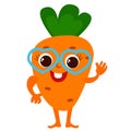 Funny cute carrot with heart shaped glasses and face and arms and legs. Character design in cartoon childish style for stickers.