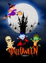 Funny cute cartoon character. witch, count dracula, zombie and mummy in moon night. Royalty Free Stock Photo