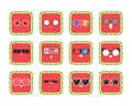 Funny cute cartoon comic watermelon characters in glasses with showing various, different emotions. Set watermelon icons