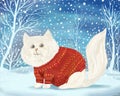 Funny cute cartoon hand-drawn white cat in a warm sweater under a snowfall, standing outside. Cartoon winter cheerful cat.