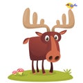 Funny cute cartoon moose character with a bird on its horn standing on the meadow background with a gras mushroom and flowers. Vec