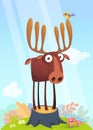 Funny cute cartoon moose character standing on the meadow background with a gras mushroom and flowers.
