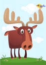 Funny cute cartoon moose character standing on the meadow background with a gras mushroom and flowers. Vector moose illustration