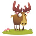 Funny cute cartoon moose character standing on the meadow background with a gras mushroom and flowers. Vector moose illustration