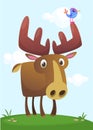 Funny cute cartoon moose character standing on the meadow background with a gras mushroom and flowers. Vector moose illustration