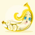 Funny, cute, cartoon sliced banana with surprised facial emotion