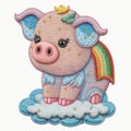 Funny cute cartoon tapestry little pig. Embroidery textured pink pig on the clouds. Abstract embroidered colorful vector