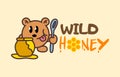 Funny cute cartoon teddy bear holds a spoon and wants to eat honey. Honey teddy Logo Cartoon Character mascot. The concept for the