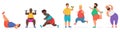 Funny cute chubby fat man characters set doing gym workout exercises. Sport fitness big people vector illustration. Royalty Free Stock Photo