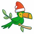 Funny and cute colorful green bird wearing Santa`s hat for christmas Royalty Free Stock Photo