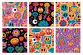 Funny cute comic stickers characters abstract seamless patterns. Cartoon cute doodle emoji vector background Royalty Free Stock Photo