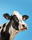 Funny cute cow isolated on blue. Talking black and white cow close up. Funny curious cow. Farm animals. Pet cow on sky Royalty Free Stock Photo