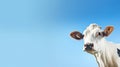 Funny cute cow isolated on blue. Talking black and white cow close up. Funny curious cow. Farm animals. Pet cow on sky Royalty Free Stock Photo