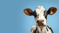 Funny cute cow isolated on blue. Talking black and white cow close up. Funny curious cow. Farm animals. Pet cow on sky Royalty Free Stock Photo