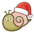 Funny and cute crawling little snail wearing Santa`s hat for Christmas