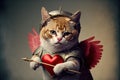 Funny cute cupid cat with wings and bow Created with Generative AI technology.