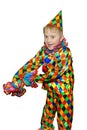 Funny cute dancing boy in the clown suit. Without wig and makeup. , on white background Royalty Free Stock Photo