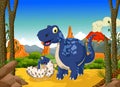 Funny cute dinosaur cartoon with her baby in the jungle