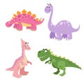 Funny cute dinosaurs set. Brontosaurus, Tyrannosaurus rex, Stegosaurus and Parasaurolophus. Cartoon flat style. Royalty Free Stock Photo