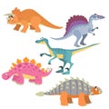 Funny cute dinosaurs set. Triceratops, Velociraptor, Ankylosaurus, Spinosaurus and Triceratops. Cartoon flat style.