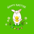 Funny and cute Easter bunny-egg with an egg in its paws, flowers in the grass and festive flags. Vector illustration in doodle sty