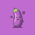 Funny cute eggplant character. Vector flat eggplant cartoon character feel so dizzy. Isolated on purple background. Eggplant fruit