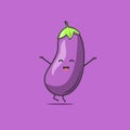 Funny cute eggplant character. Vector flat eggplant cartoon character feeling happy and jumping. Isolated on purple background.