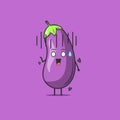 Funny cute eggplant character. Vector flat eggplant cartoon character feeling scared. Isolated on purple background. Eggplant