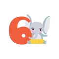 Funny cute elephant animal and number six, birthday anniversary, learn to count concept cartoon vector Illustration Royalty Free Stock Photo