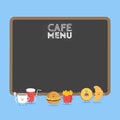 Funny cute fast food burger, soda, french fries, croissant and donut drawn with a smile, eyes and hands. Kids restaurant menu card