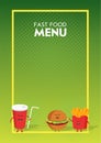 Funny cute fast food burger, soda, french fries drawn with a smile, eyes and hands. Kids restaurant menu cardboard character