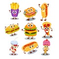 Funny, cute fast food hamburger, sandwich, hot dog, pizza, ice c