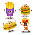 Funny, cute fast food hamburger, sandwich, pizza, french fries w