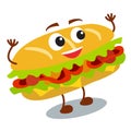 Funny, cute fast food sandwich with smiling human face isolated