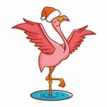 Funny and cute flamingo wearing Santa`s hat for christmas, and doing a cool pose