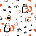 Funny cute seamless cartoon pattern with cats, hearts, cat paw prints and broken mugs on white background Royalty Free Stock Photo