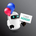 Funny and cute flying robot with red and blue balloons holding a sign in his hand Royalty Free Stock Photo