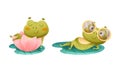 Funny cute frogs set. Happy amphibian animal character lying on green leaves in pond vector illustration Royalty Free Stock Photo
