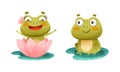 Funny cute frogs set. Happy amphibian animal character sitting on green leaves in pond vector illustration Royalty Free Stock Photo