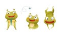 Funny cute frogs set. Lovely green amphibian animal character jumping, catching fly and holding gift box vector