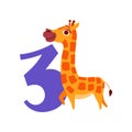 Funny cute giraffe animal and number three, birthday anniversary, learn to count concept cartoon vector Illustration Royalty Free Stock Photo