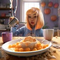 funny cute girl eats breakfast.3d illustration